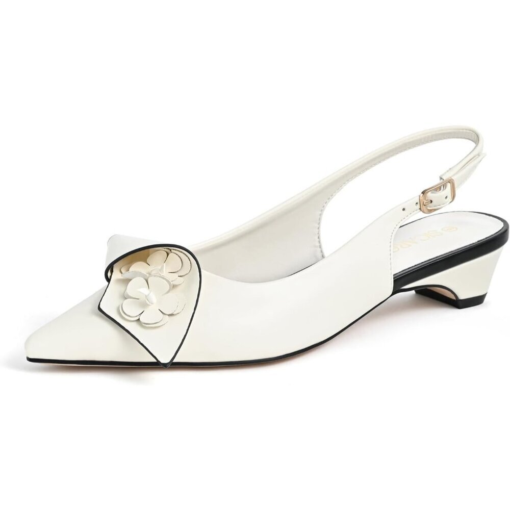 👉Sicare Slingback Pumps Synthetic White Women Flower Block Heel Dress Shoes